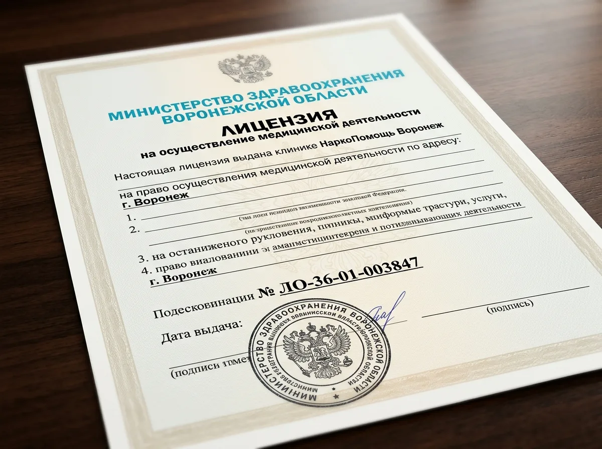 Лицензия на медицинскую деятельность № ЛО-36-01-003847, выданная Министерством здравоохранения Воронежской области клинике НаркоПомощь Воронеж — официальный бланк с печатью