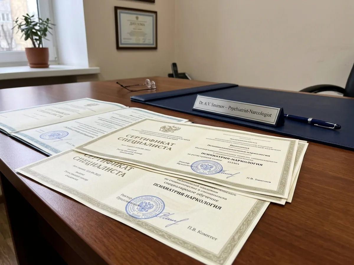 Сертификаты специалистов врачей-наркологов клиники, подтверждающие квалификацию по специальности Психиатрия-наркология — документы на столе, официальный вид