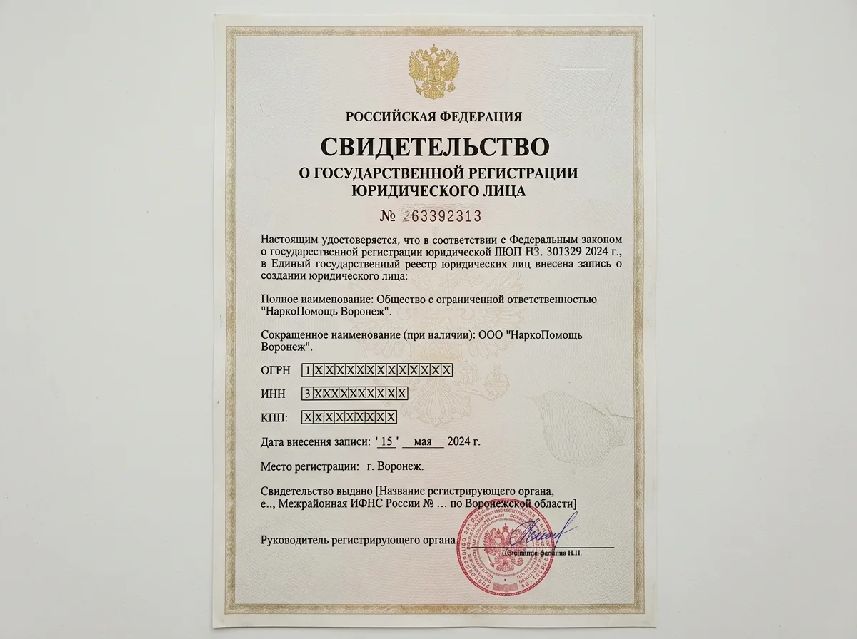 Свидетельство о государственной регистрации медицинской организации ООО НаркоПомощь Воронеж в реестре Росздравнадзора, официальный документ