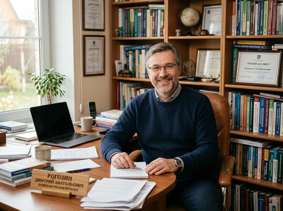 Психолог-реабилитолог Рогозин Дмитрий Анатольевич, мужчина средних лет, профессиональный портрет в рабочем кабинете, доброжелательный опытный специалист по реабилитации